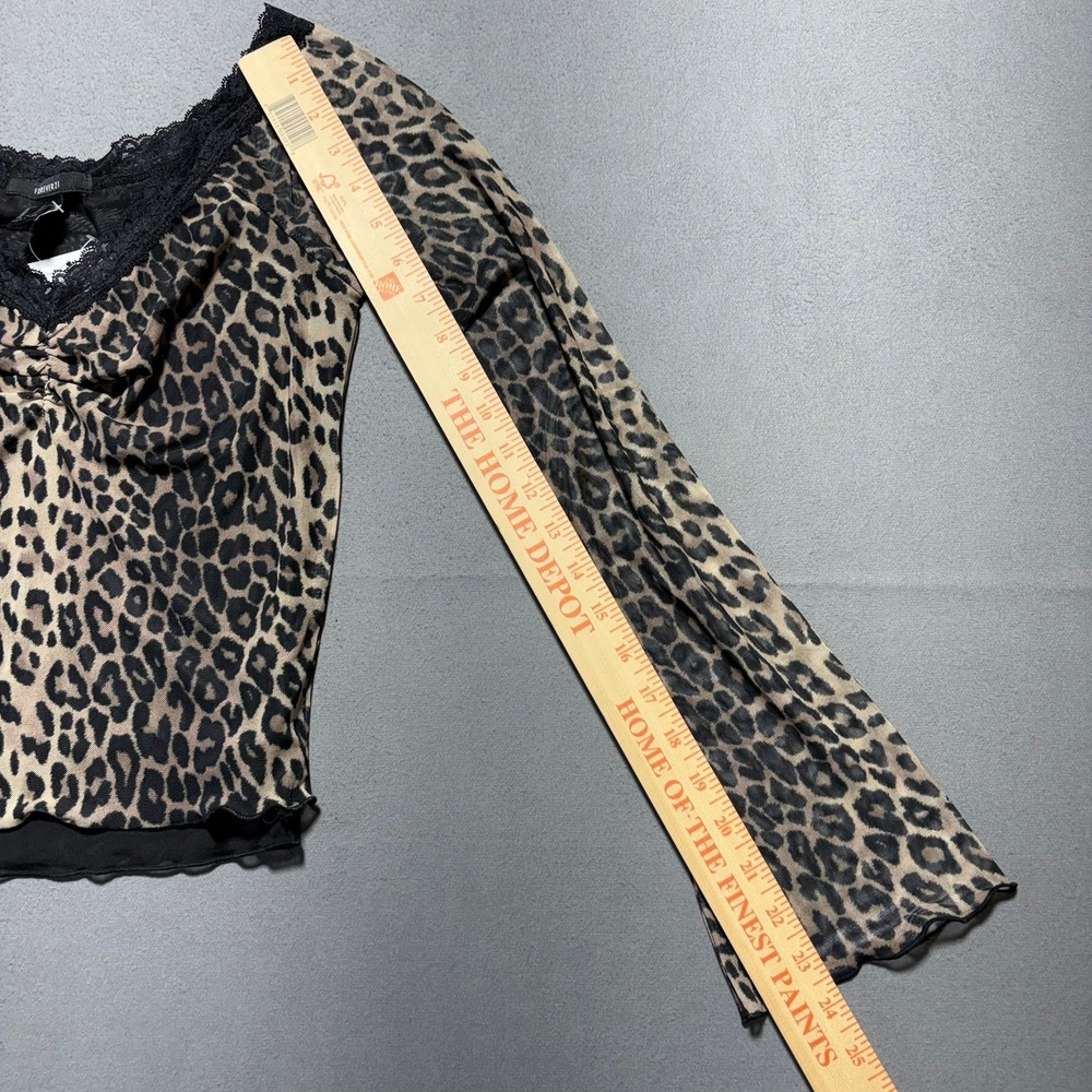 Leopard Print Mesh Top Lace Trim Bell Sleeve Ruched V-Neck Medium NWT - Picture 6 of 14